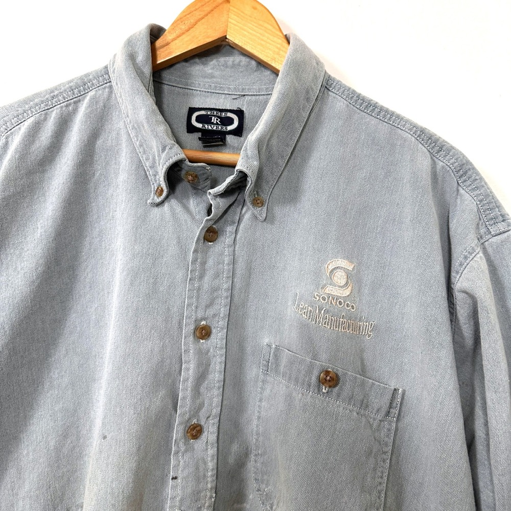 VTG 90s Three Rivers Denim Work Shirt XXL USA Embroidered Distressed Workwear